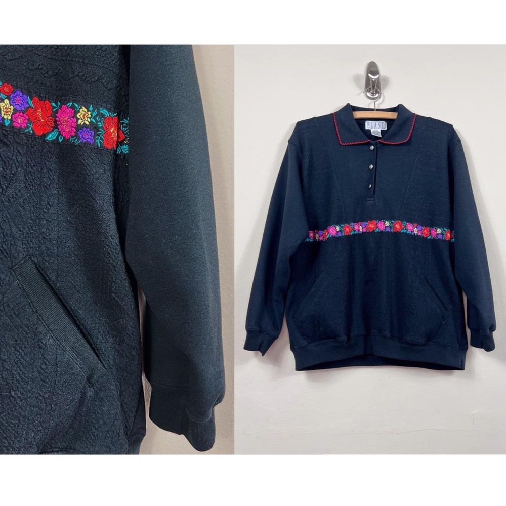 vintage 90s 80s cottagecore collared sweatshirt | granny embroidered top stitch